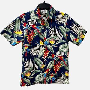 Aloha Republic Hawaiian Shirt Palms Macaw Parrots Size Small Made In U.S.A.
